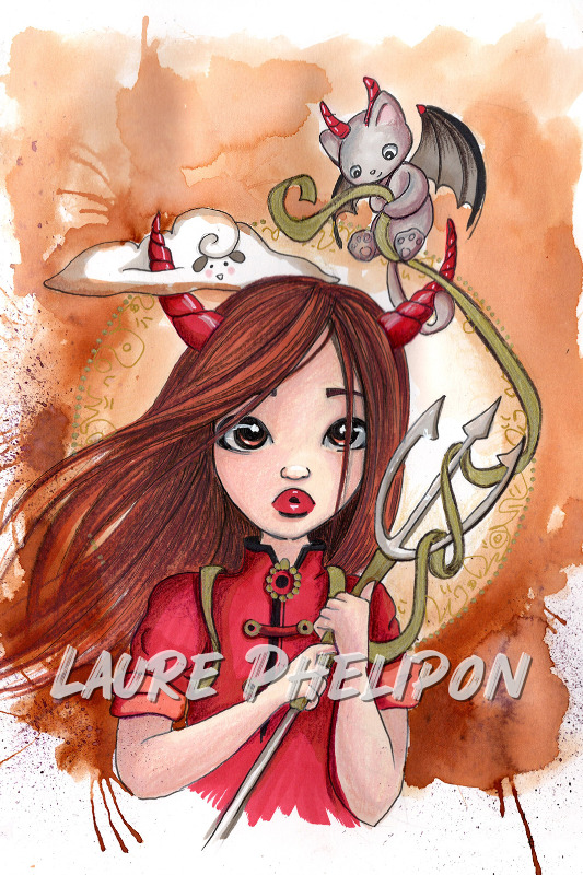 Chat Aquarelle Moutage Diable par Laure Phelipon