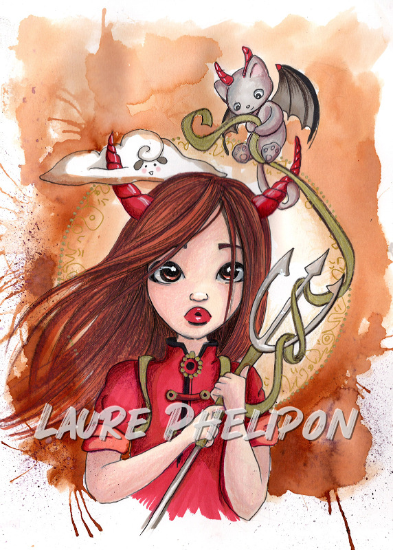 Chat Aquarelle Moutage Diable par Laure Phelipon