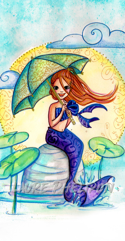 Sirène Aquarelle Parapluie Nuage Nénufar par Laure Phelipon