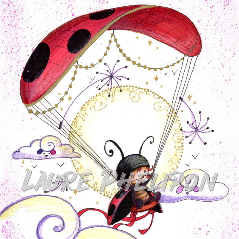 Aquarelle Coccinelle Moutage Parachute Voler par Laure Phelipon