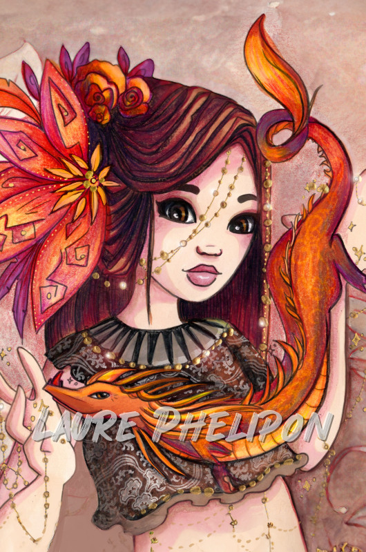 Fleur Magicienne Aquarelle Femme Magie Dragon Asiatique par Laure Phelipon