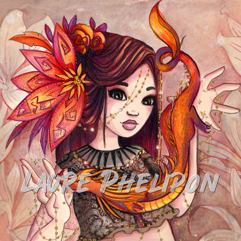 Fleur Magicienne Aquarelle Femme Magie Dragon Asiatique par Laure Phelipon