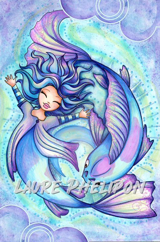 Sirène Poisson Mer Aquarelle Bleu Main Horoscope Carpe Koi par Laure Phelipon