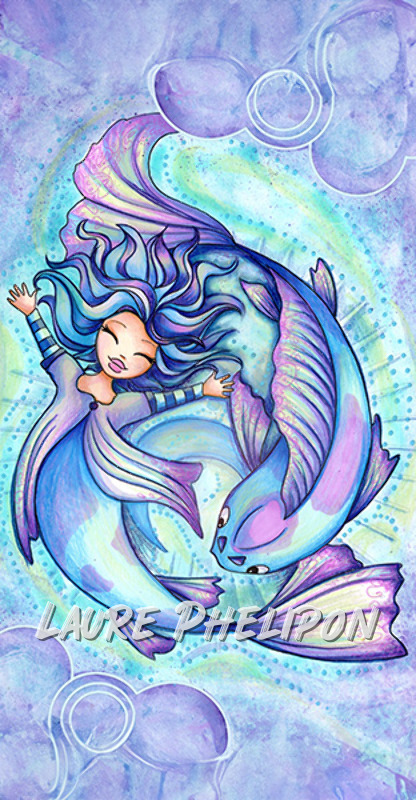 Sirène Poisson Mer Aquarelle Bleu Main Horoscope Carpe Koi par Laure Phelipon