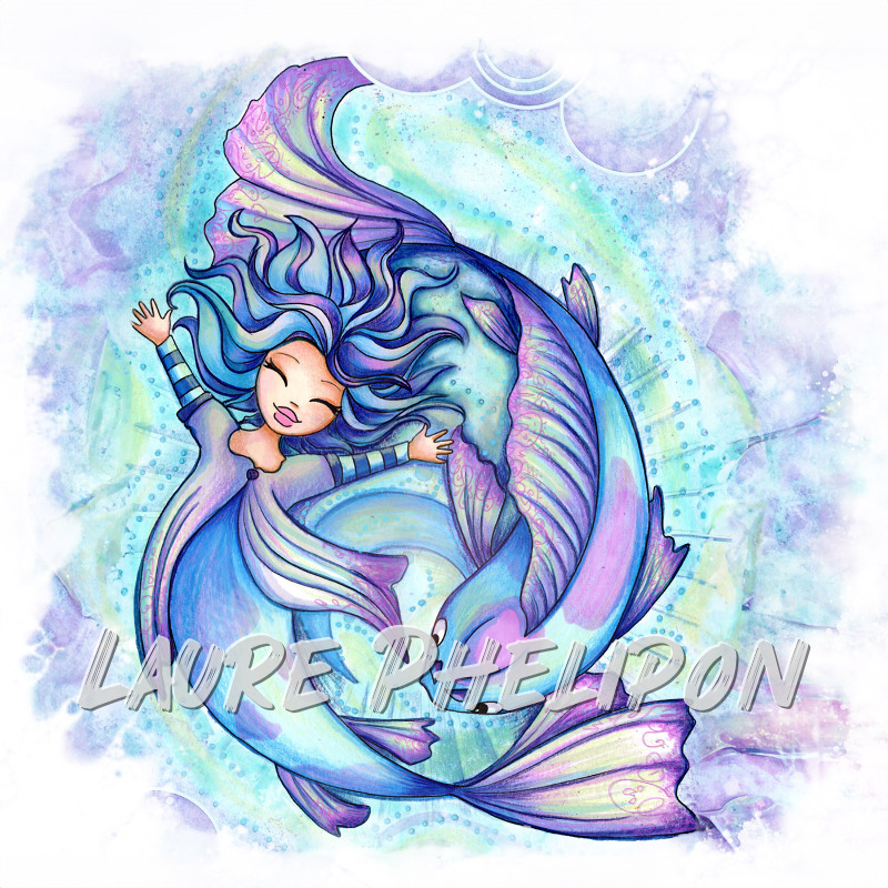 Sirène Poisson Mer Aquarelle Bleu Main Horoscope Carpe Koi par Laure Phelipon