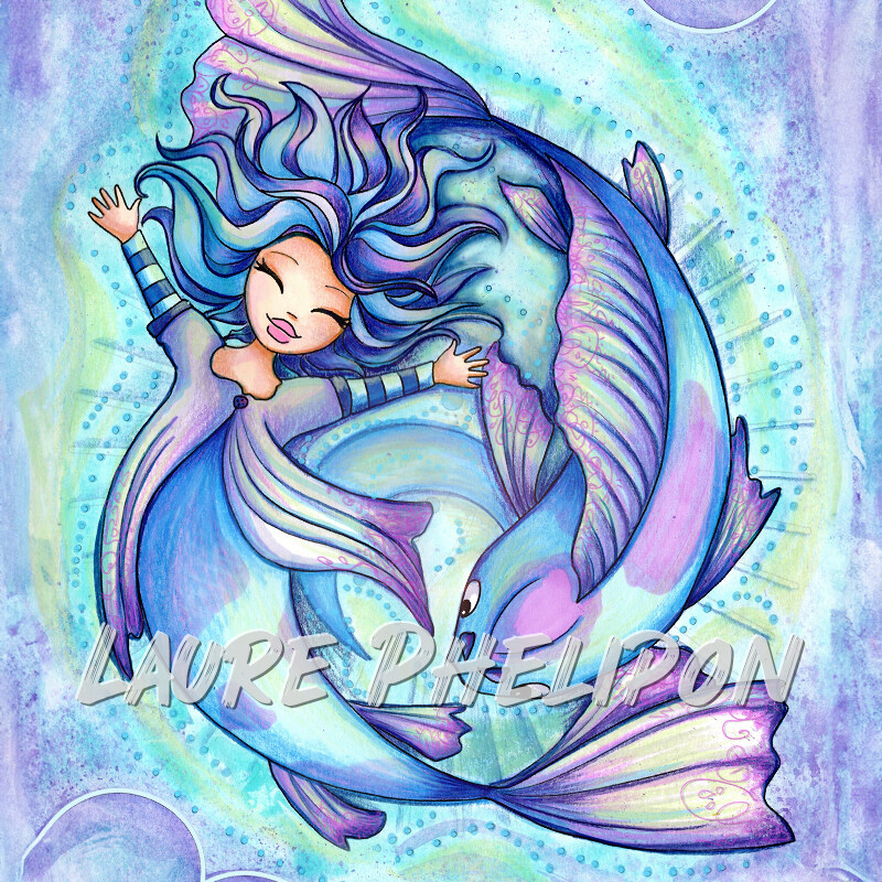 Sirène Poisson Mer Aquarelle Bleu Main Horoscope Carpe Koi par Laure Phelipon