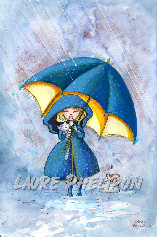 Chat Fille Parapluie Pluie paix par Laure Phelipon