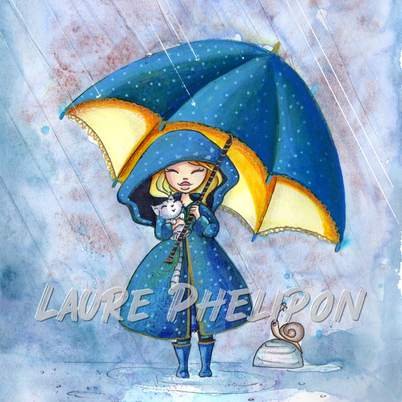 Chat Fille Parapluie Pluie paix par Laure Phelipon