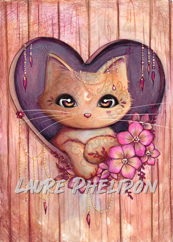 Chat Fleur Coeur Aquarelle Plume Amour Valentin par Laure Phelipon