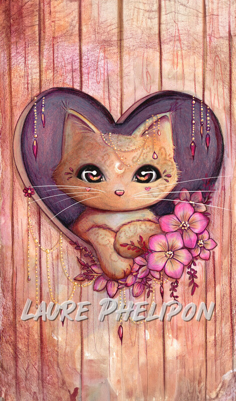 Chat Fleur Coeur Aquarelle Plume Amour Valentin par Laure Phelipon