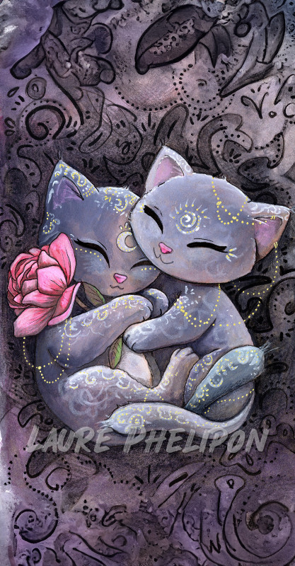Chat Fleur Aquarelle Rose Magie Amour Amoureux Horoscope Mystique par Laure Phelipon