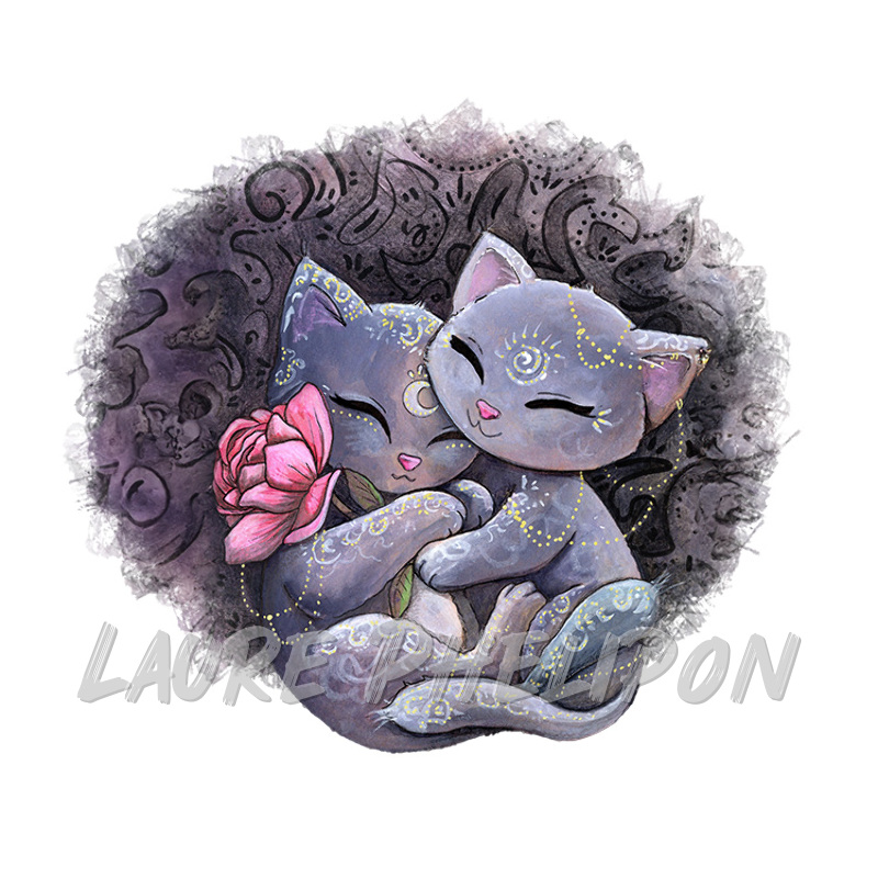 Chat Fleur Aquarelle Rose Magie Amour Amoureux Horoscope Mystique par Laure Phelipon