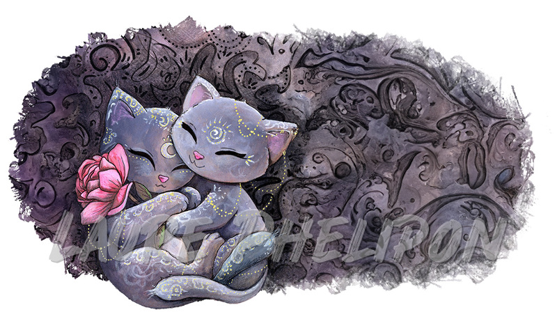 Chat Fleur Aquarelle Rose Magie Amour Amoureux Horoscope Mystique par Laure Phelipon