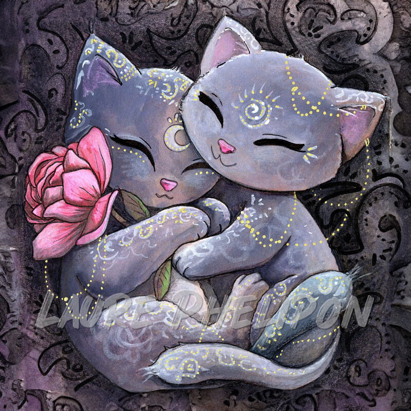 Chat Fleur Aquarelle Rose Magie Amour Amoureux Horoscope Mystique par Laure Phelipon