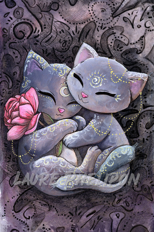 Chat Fleur Aquarelle Rose Magie Amour Amoureux Horoscope Mystique par Laure Phelipon