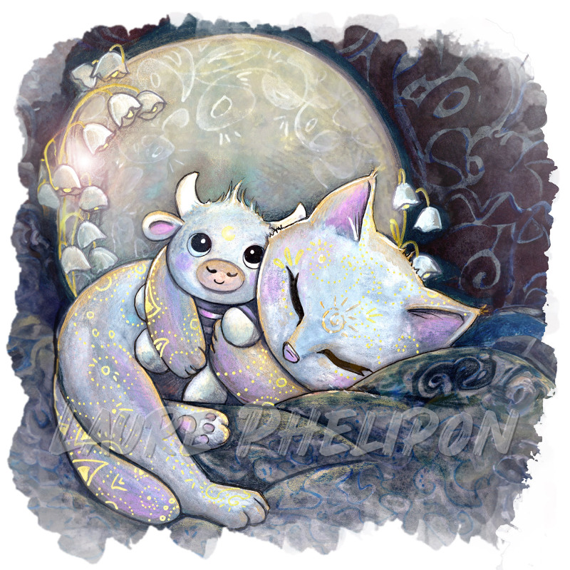Chat Fleur Doudou Aquarelle Lune Astrologie Taureau Horoscope Dormir par Laure Phelipon