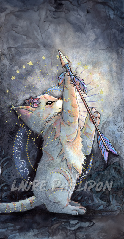 Chat Aquarelle Lune Ėtoile Astrologie Horoscope Sagittaire Flèche par Laure Phelipon