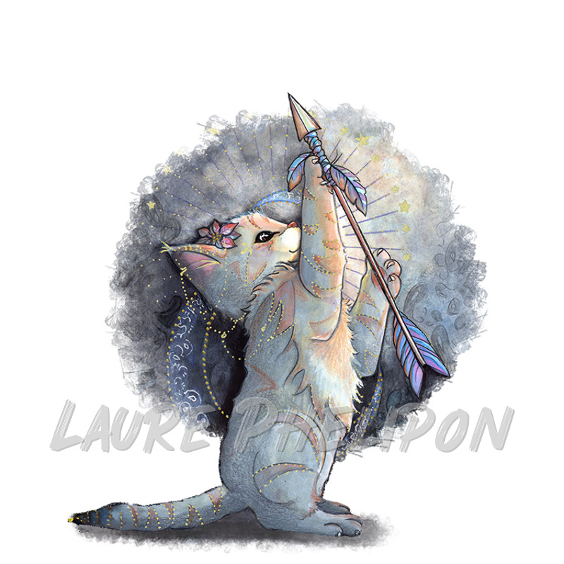 Chat Aquarelle Lune Ėtoile Astrologie Horoscope Sagittaire Flèche par Laure Phelipon