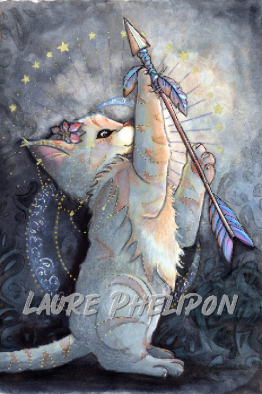 Chat Aquarelle Lune Ėtoile Horoscope Sagittaire Flèche par Laure Phelipon