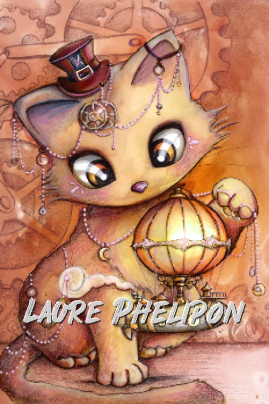 Chat Animal Steampunk Aquarelle Chapeau Engrenage Ballon dirigeable par Laure Phelipon