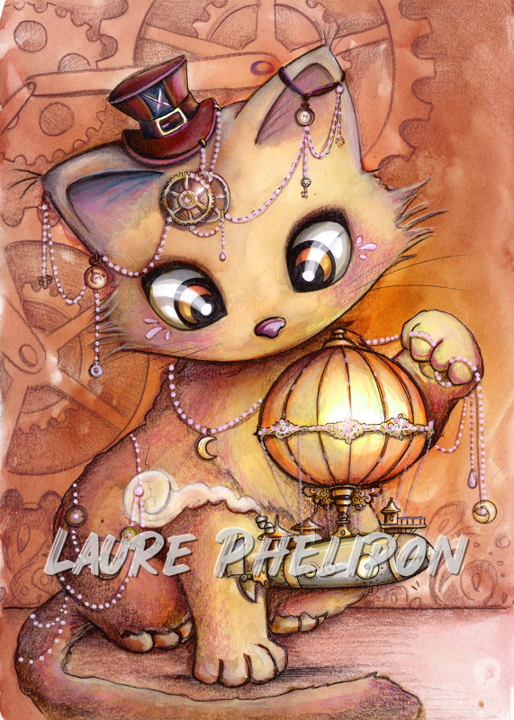 Chat Animal Steampunk Aquarelle Chapeau Engrenage Ballon dirigeable par Laure Phelipon