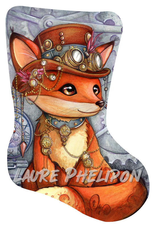 Renard Steampunk Aquarelle Chapeau Engrenage Horloge par Laure Phelipon
