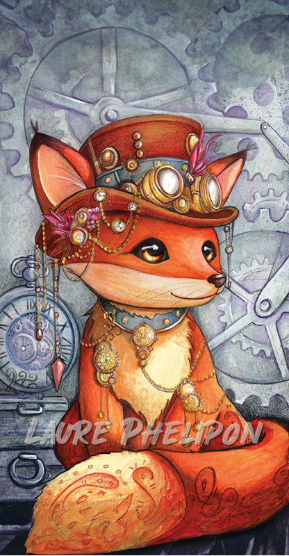 Renard Steampunk Aquarelle Chapeau Engrenage Horloge par Laure Phelipon