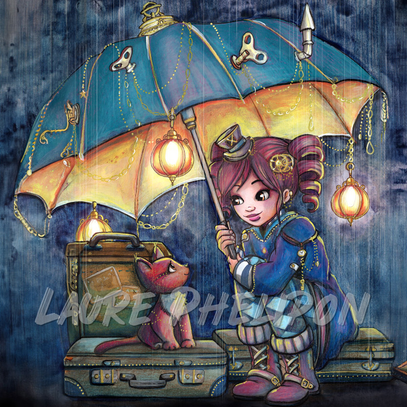 Chat Fille Steampunk Aquarelle Lanterne Parapluie Pluie Lampion Valise par Laure Phelipon