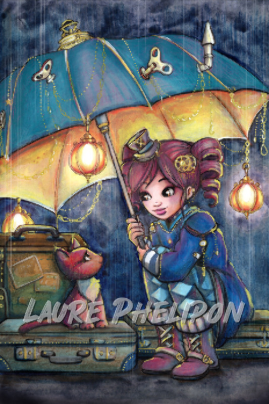 Chat Fille Steampunk Aquarelle Lanterne Parapluie Pluie Lampion Valise par Laure Phelipon