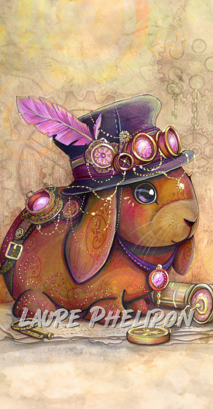 Lapin Steampunk Aquarelle Plume Chapeau Parchemin par Laure Phelipon
