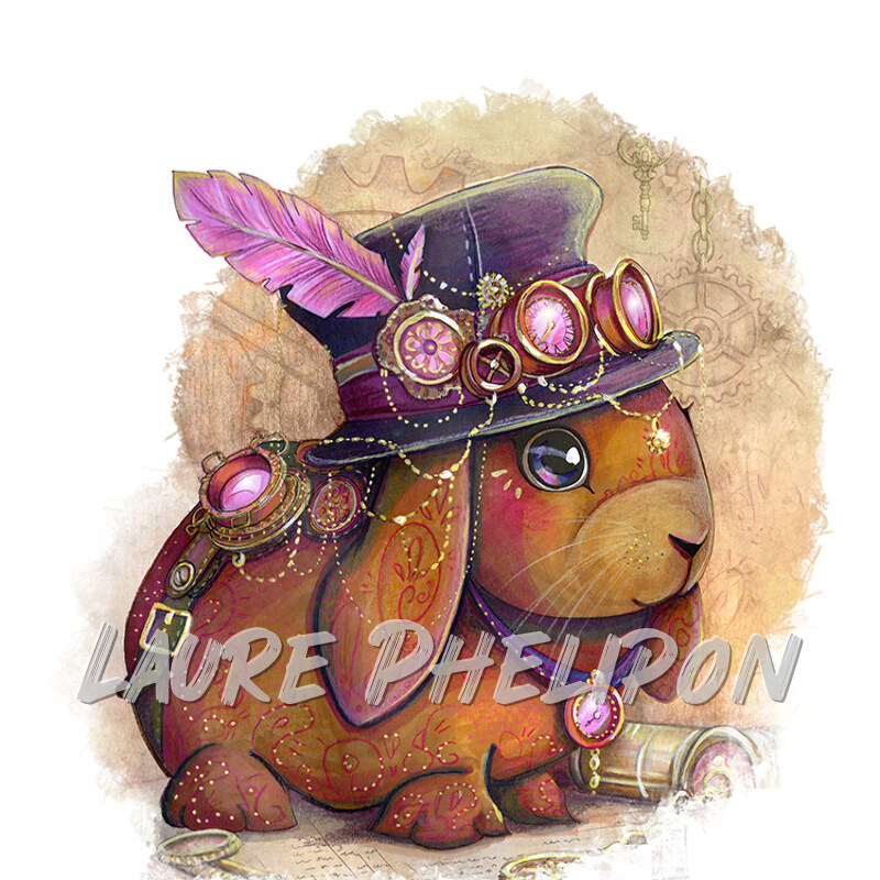 Lapin Steampunk Aquarelle Plume Chapeau Parchemin par Laure Phelipon
