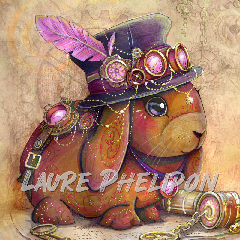 Lapin Steampunk Aquarelle Plume Chapeau Parchemin par Laure Phelipon