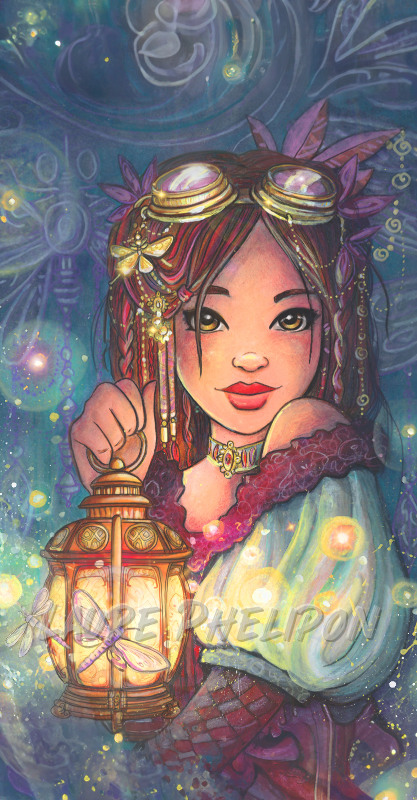 Steampunk Watercolor Women Lantern Light Night Firefly par Laure Phelipon