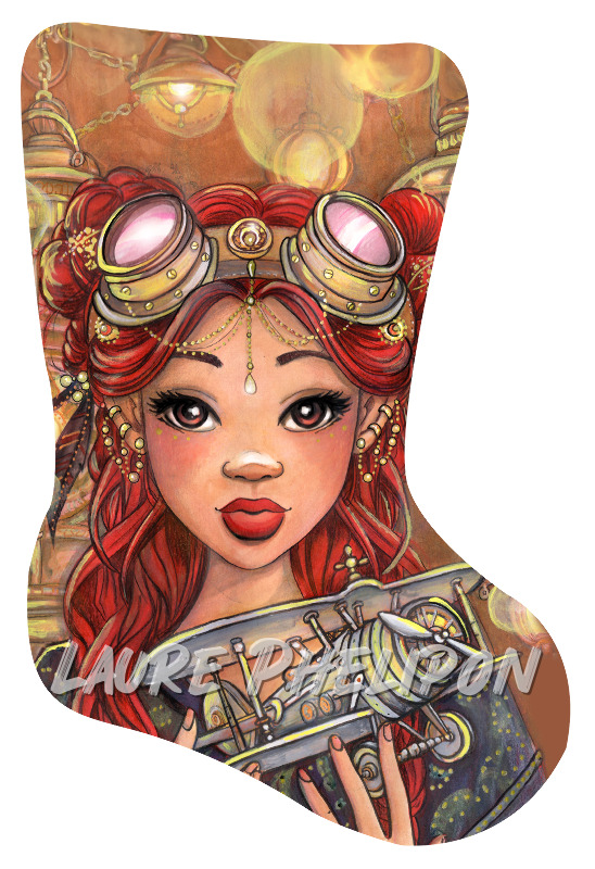 Steampunk Aquarelle Femme Lanterne Lumière Rousse Avion Aviatrice par Laure Phelipon