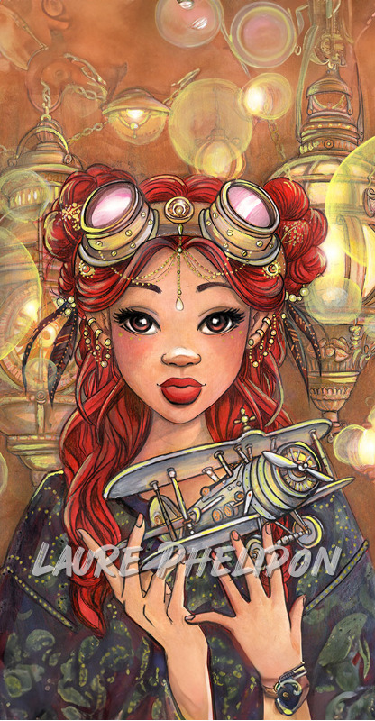 Steampunk Aquarelle Femme Lanterne Lumière Rousse Avion Aviatrice par Laure Phelipon