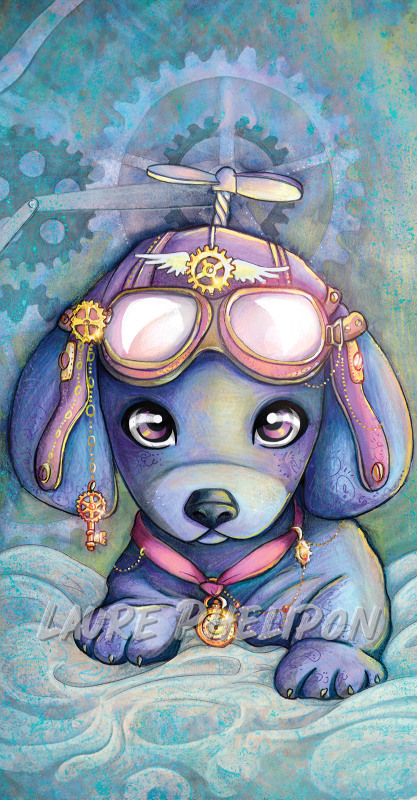 Steampunk Aquarelle Chapeau Chien Engrenage Hélice par Laure Phelipon