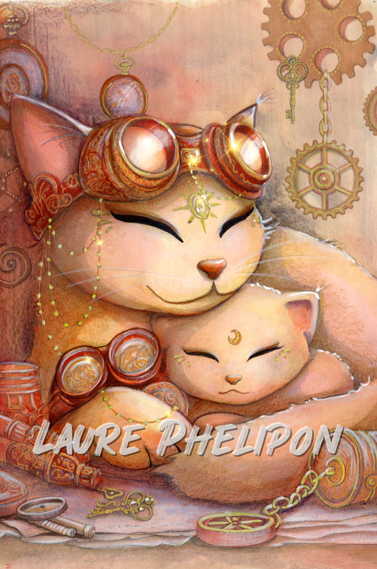 Chat Steampunk Watercolor Mom Chaton par Laure Phelipon