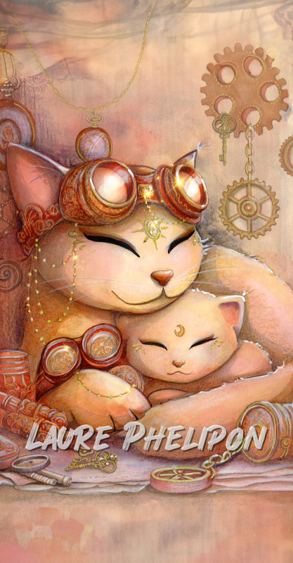 Chat Steampunk Aquarelle Maman Chaton par Laure Phelipon