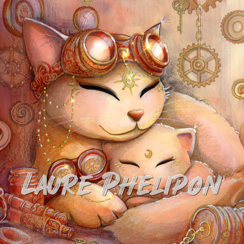 Chat Steampunk Aquarelle Maman Chaton par Laure Phelipon