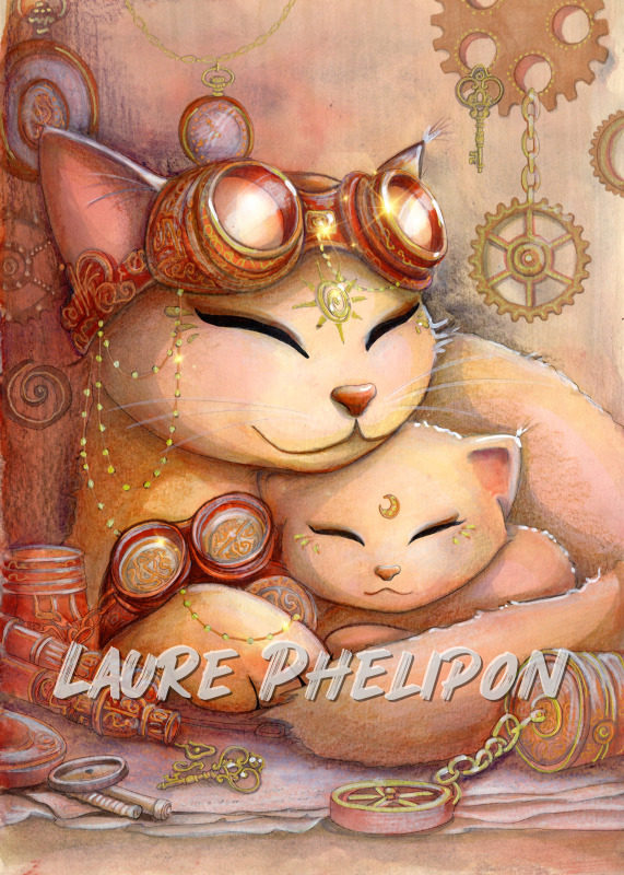 Chat Steampunk Aquarelle Maman Chaton par Laure Phelipon