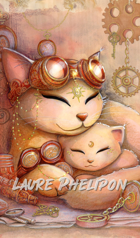 Chat Steampunk Aquarelle Maman Chaton par Laure Phelipon