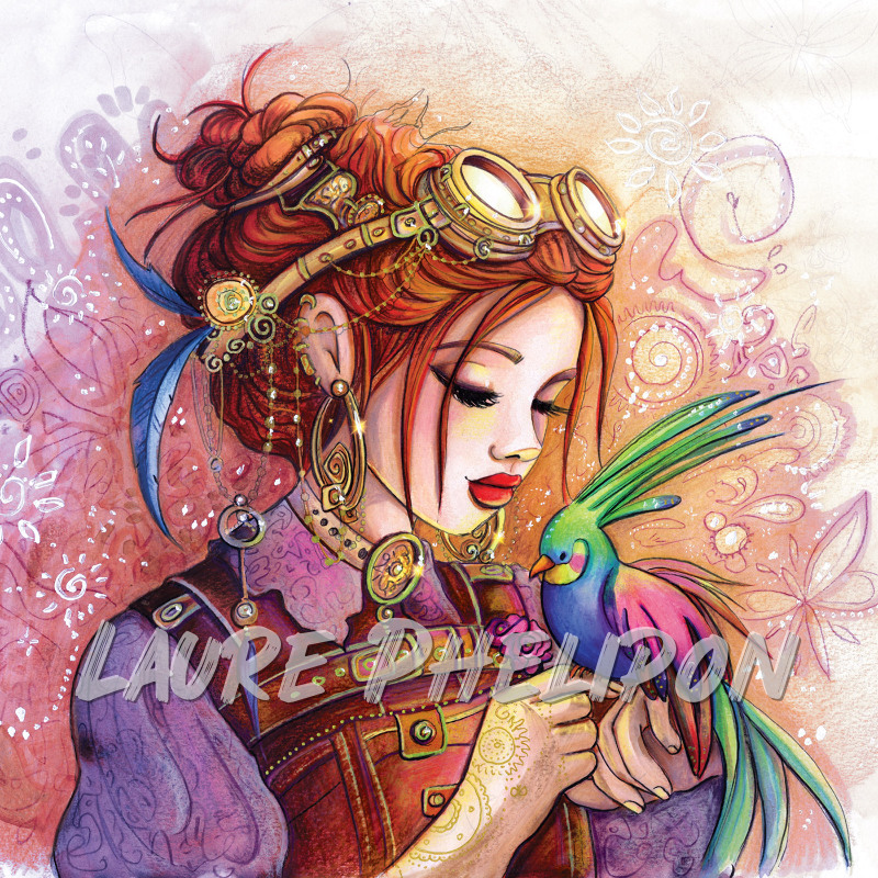 Steampunk Oiseau Aquarelle Femme par Laure Phelipon