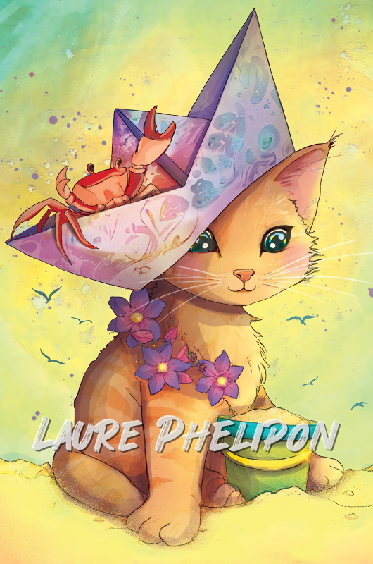 Chat Fleur Numérique Bateau Astrologie Crabe Eté Cancer Sable par Laure Phelipon