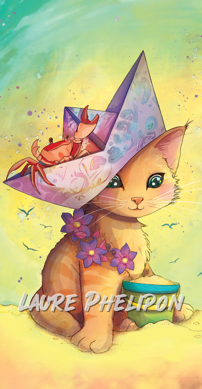 Chat Fleur Numérique Bateau Astrologie Crabe Eté Cancer Sable par Laure Phelipon