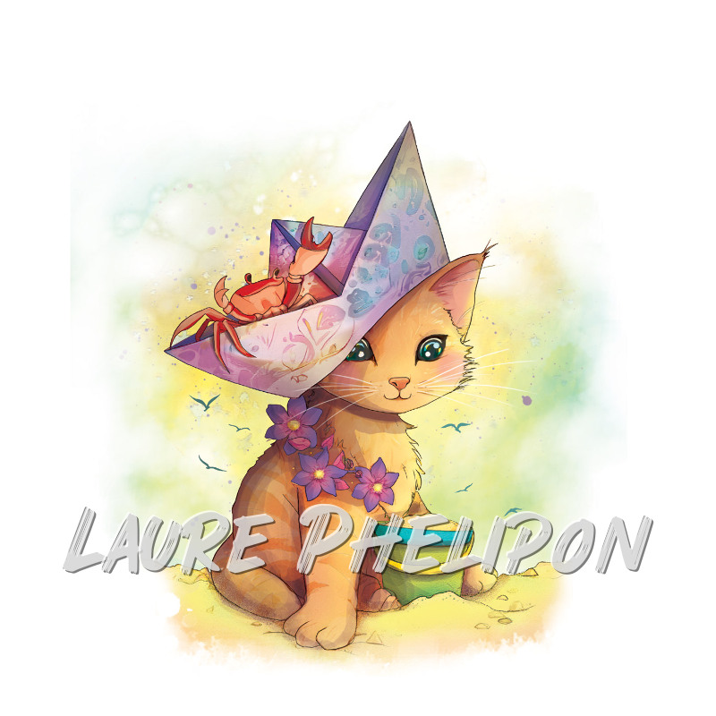 Chat Fleur Numérique Bateau Astrologie Crabe Eté Cancer Sable par Laure Phelipon