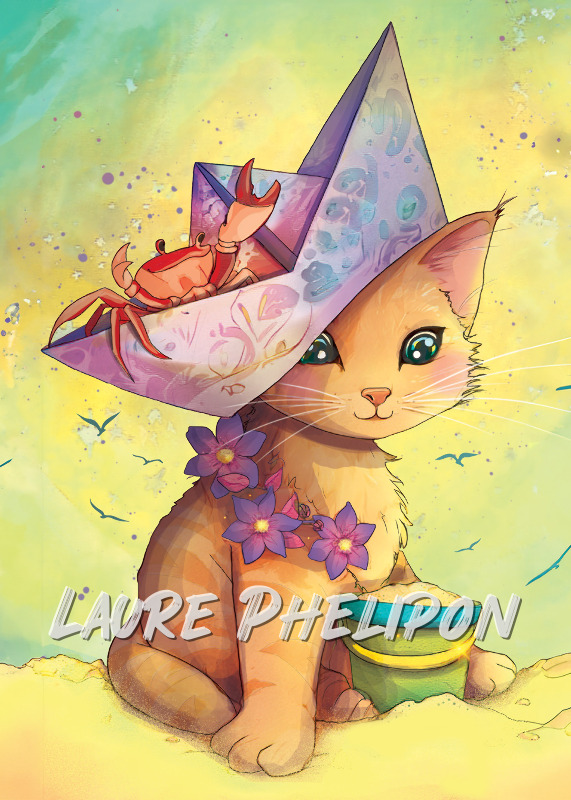 Chat Fleur Numérique Bateau Astrologie Crabe Eté Cancer Sable par Laure Phelipon
