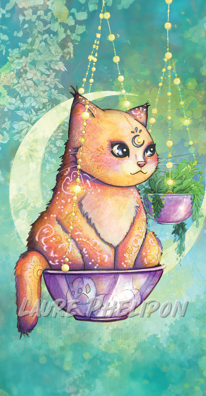 Chat Aquarelle Lune Balançoire Astrologie Horoscope Zodiaque par Laure Phelipon