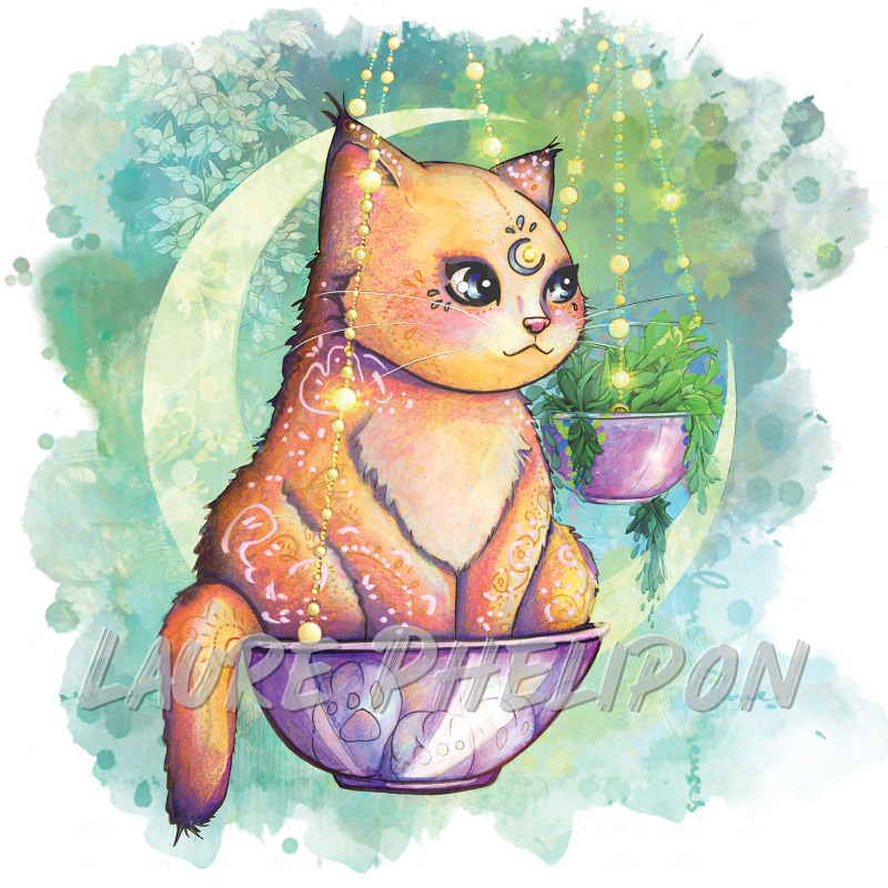Chat Aquarelle Lune Balançoire Astrologie Horoscope Zodiaque par Laure Phelipon