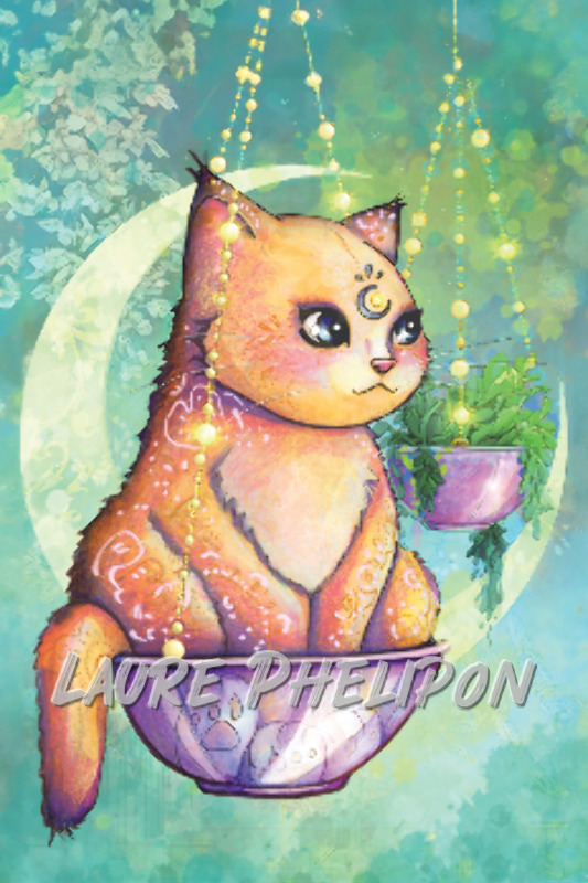 Chat Aquarelle Lune Balançoire Astrologie Horoscope Zodiaque par Laure Phelipon