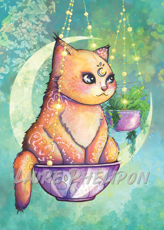 Chat Aquarelle Lune Balançoire Astrologie Horoscope Zodiaque par Laure Phelipon
